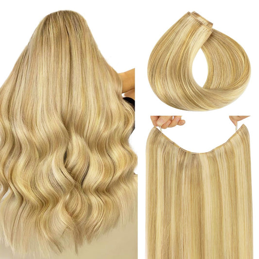 HOTBANANA Wire Hair Extensions, 12 inch 70g Light Blonde Highlighted Golden Blonde Invisible Fish Line Real Human Hair Extensions Straight