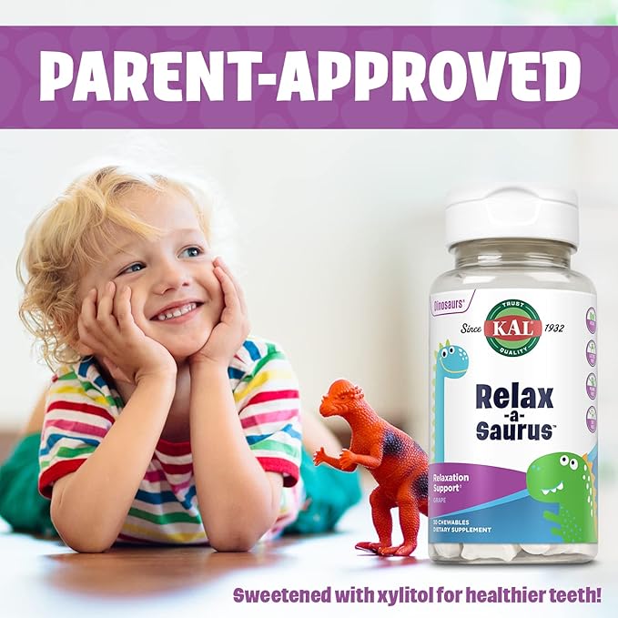KAL Relax-a-Saurus, Stress Support Supplement for Kids, L-Theanine for Children with Herbal Stress Relief & Relaxation & Blend, Delicious Natural Grape Flavor, 60-Day Guarantee, 30 Chewables
