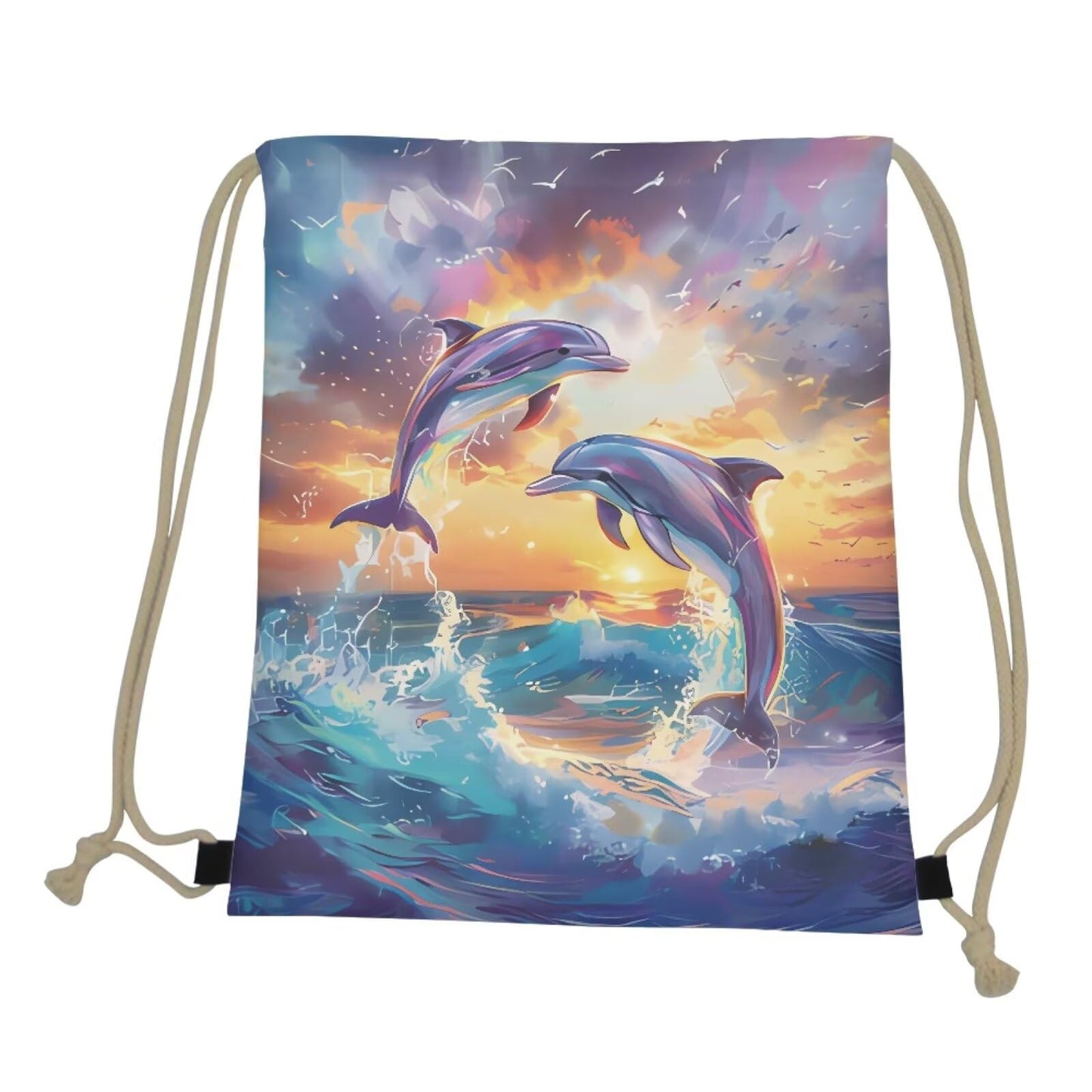 COEQINE Large Drawstring Bag With Dolphin Animal Sunset Pattern Gym Bag Lightweight Portable Foldable Gym Bag for Travel