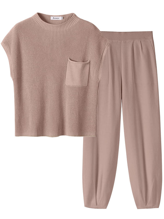 ANRABESS Women's Two Piece Outfits Knit Sweater Pullover Crop Top & Pants Lounge Matching Tracksuit Sweatsuit Sets 2024 Trendy Loungewear Clothes Light Pink X-Small