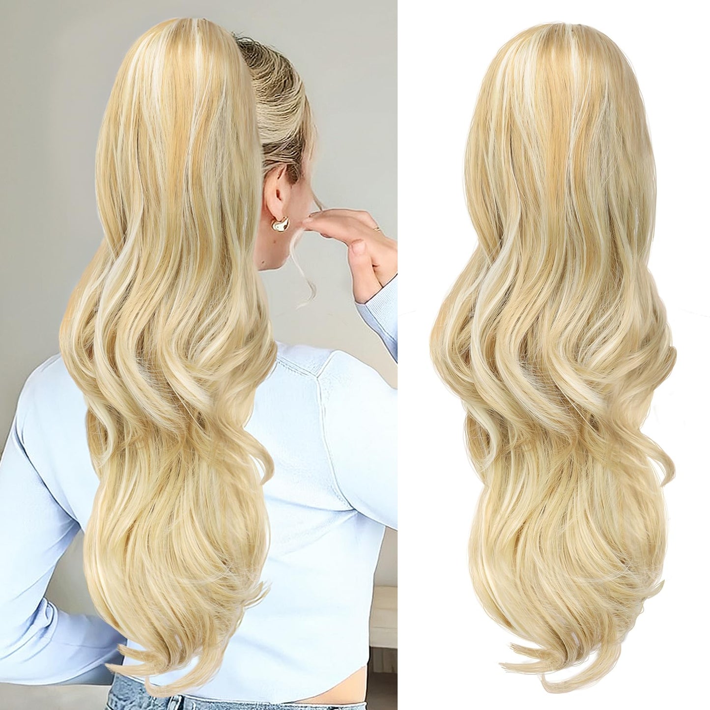 CHRSHN Ponytail Extension, Drawstring Ponytail Extension for Women 26 Inch Long Wavy Blonde Pony Tails Hair Extensions Synthetic Clip in Ponytail Hairpiece for Women(H24/60)