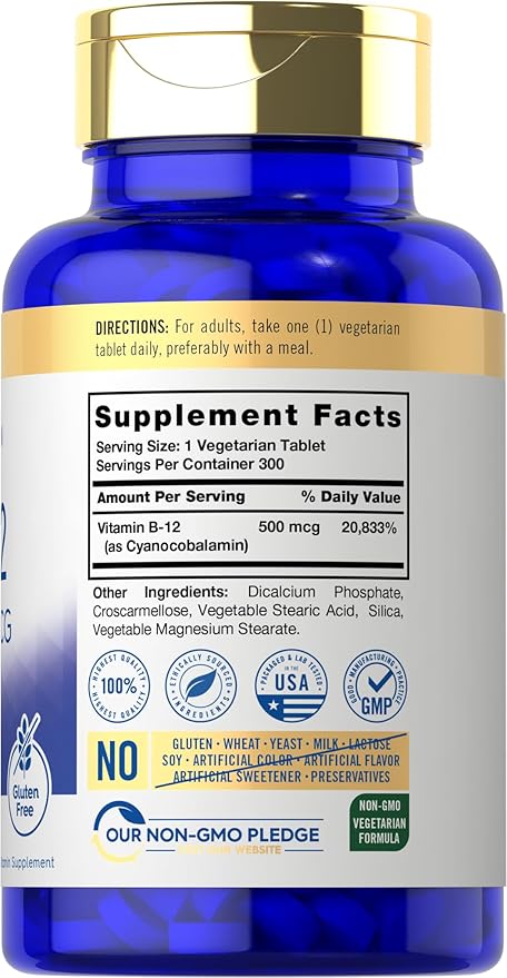 Carlyle Vitamin B-12 500mcg | 300 Tablets | Vegetarian, Non-GMO, Gluten Free Supplement
