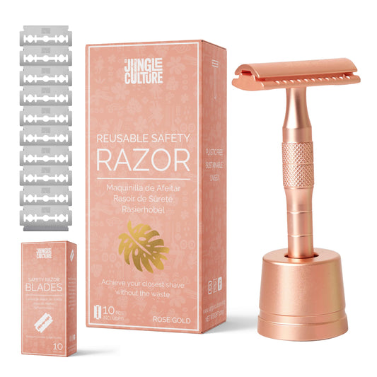Jungle Culture Safety Razor & Stand with 10 Double Edge Blades • Single Blade Metal Razors for Women & Men for Body & Face • Eco Friendly & Reusable Shaver • Rose Gold