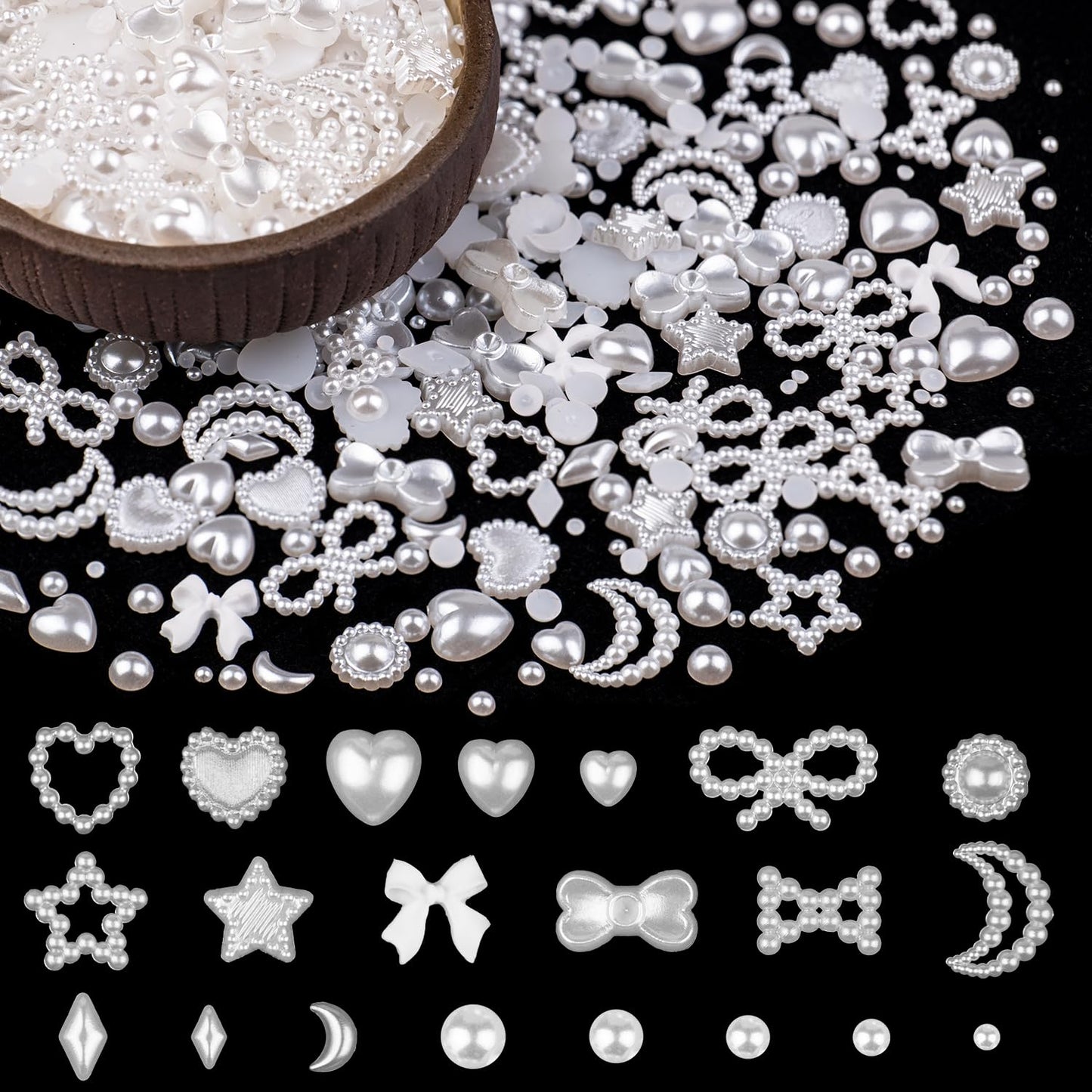 600Pcs 3D Multi Shapes Nail Charms and Flatback Pearls, White Mix Styles Heart Star Bow Sunflower Embellishments for Nail Art, Craft and Decoration with Tweezer and Pickup Pencil