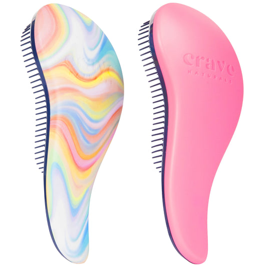 Crave Naturals Glide Thru Detangling Brush for Adults and Kids - Detangler Brush for Curly or Straight, Wet or Dry Hair - Gentle on Tangles Hair Comb - 7.5x3-Inch, Pink and Soft Hazy Swirl (Pack of 2)