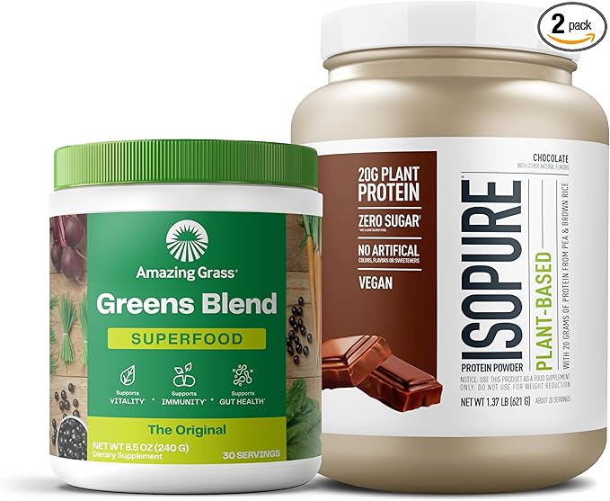Bundle of Amazing Grass Greens Superfood Powder: Original, 30 Servings + Isopure Chocolate Vegan Protein Powder, Plant Based, Organic Pea Protein, Dairy Free, 20 Servings (Packaging May Vary)