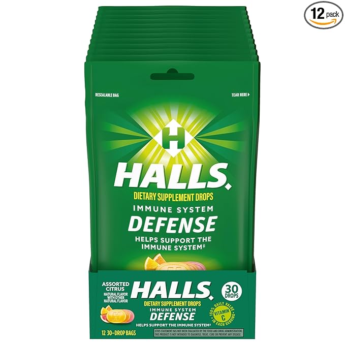 HALLS Defense Assorted Citrus Vitamin C Drops, Dietary Supplement Drops, 12 Bags of 30 Drops (360 Total Drops)