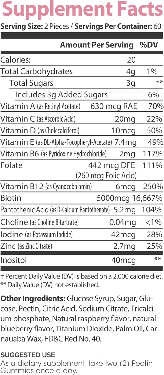 Hair Gummies for Women – with Biotin, Folate, Vitamins A, C, D & E – 120 Gummies – 60 Servings – Delicious, Non-GMO, Gluten-Free Formula (120 Count (Pack of 1))