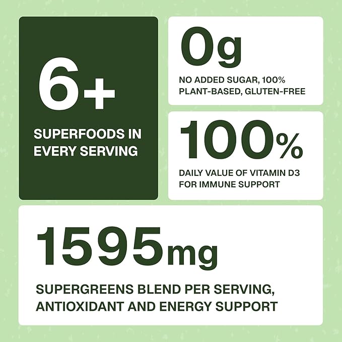 Greens Superfood Gummies, Boost Energy, Gut & Immune Support, Sugar-Free, Vegan with Broccoli, Spinach, Kale, Spirulina, Chlorella, Probiotics & Multivitamin, Apple Flavor, 60 Count