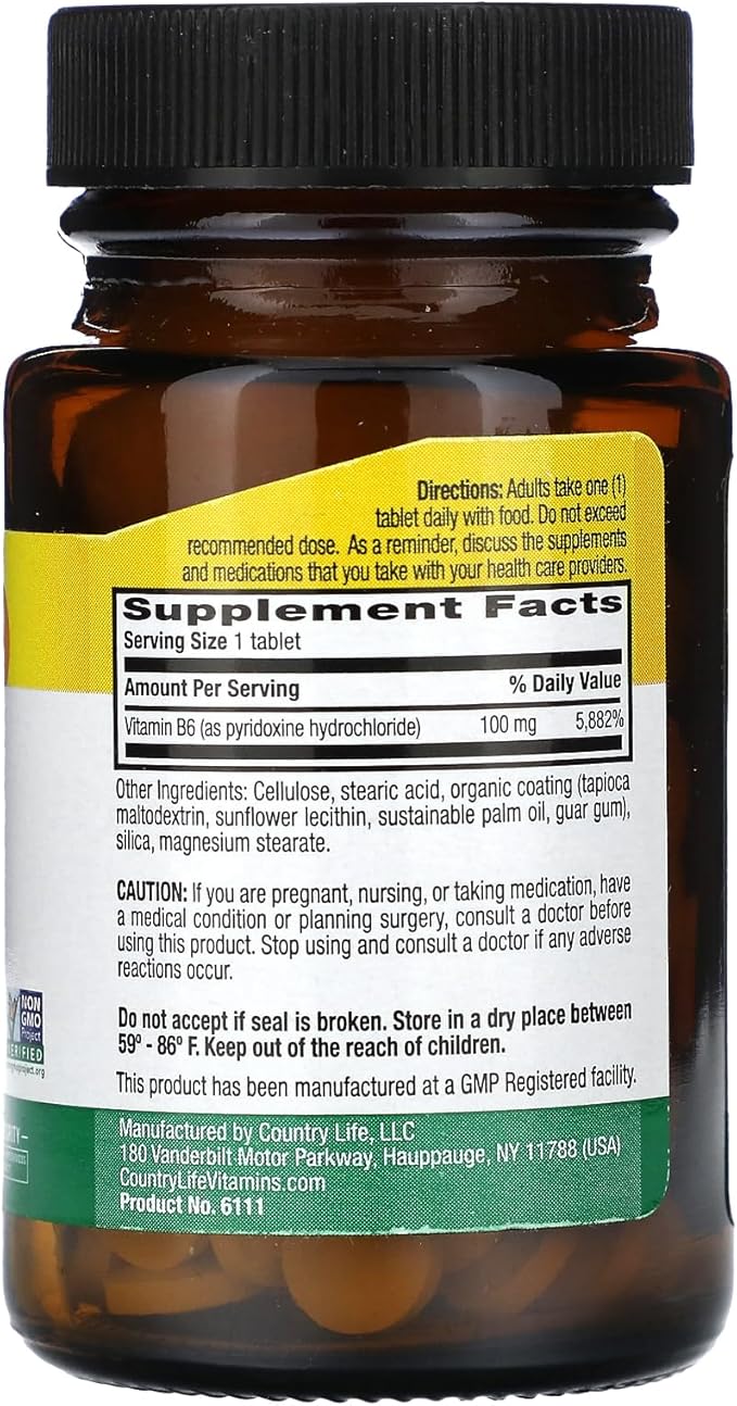 Country Life Vitamin B-6, Supports Energy and The Nervous System, 100mg, 100 Vegan Capsules, Certified Gluten Free, Certified Vegan, Certified Halal, Non-GMO Verified…