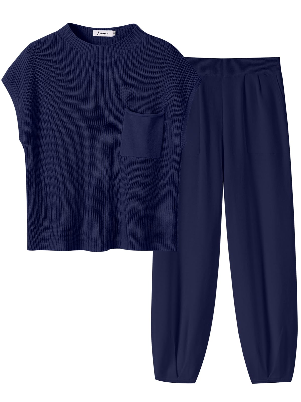 ANRABESS Women's Two Piece Outfits Knit Sweater Pullover Crop Top & Pants Lounge Matching Tracksuit Sweatsuit Sets 2024 Trendy Loungewear Clothes Navy Blue X-Small