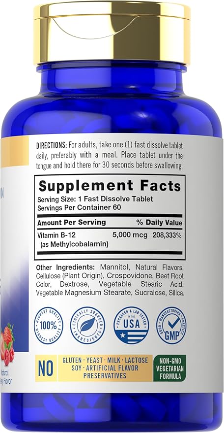 Carlyle Methylcobalamin Vitamin B12 5000mcg | 60 Fast Dissolve Tablets | for Adults | Vegetarian, Non-GMO & Gluten Free Supplement