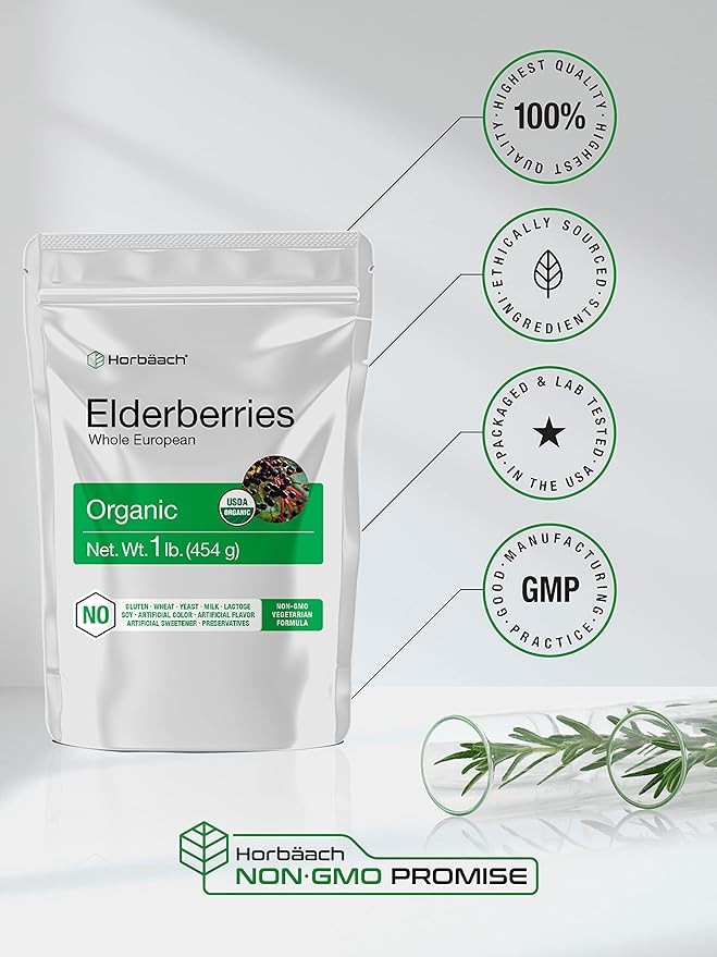 Horbäach Elderberries Dried Organic | 1 lb Bulk Bag | Whole European | Non-GMO, Gluten Free | Sambucus Nigra
