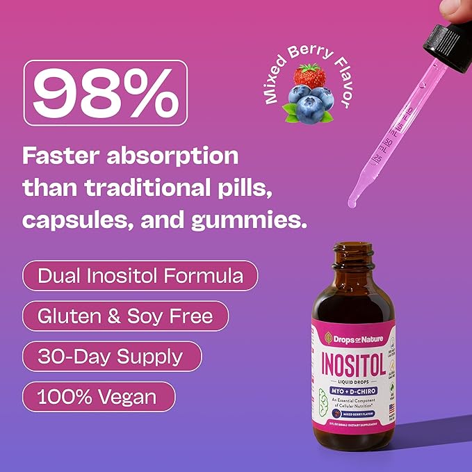 Inositol Supplement - Pure & Potent Myo-Inositol Vitamins for Women - Vegan, Easy Liquid Dose - Non-GMO Liquid Drops to Support Mental Clarity, Cellular Health and General Wellness (Mixed Berry, 60ml)