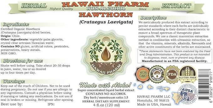 Hawthorn Alcohol-Free Liquid Extract, Hawthorn (Crataegus Laevigata) Dried Leaf and Flower Glycerite Hawaii Pharm Natural Herbal Supplement 32 oz Unfiltered