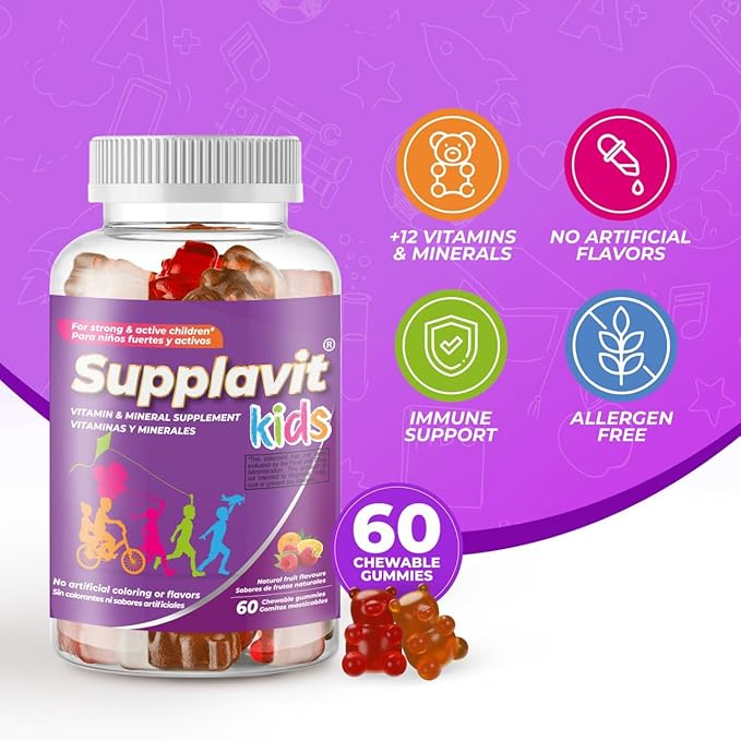 Kids Vitamins and Supplements, No Artificial Coloring, Allergen-Free for Healthy and Strong Children, Natural Fruit Flavors, Healthy and Delicious, (60 Gummies)
