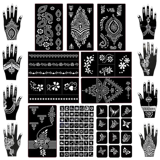 Koogel Henna Tattoo Stencil Kit 18 Sheets 97 PCS, Glitter Airbrush Flower Stencils for Body Art, Face Painting, Mehndi Designs, Women & Girls, Arabian Realistic Temporary Tattoos