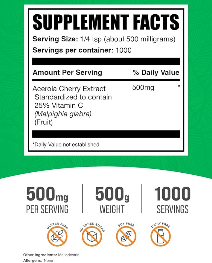 BulkSupplements.com Acerola Cherry Extract Powder - Natural Vitamin C Supplement, Acerola Cherry Powder - Vegan & Gluten Free, 500mg per Serving, 500g (1.1 lbs) (Pack of 1)