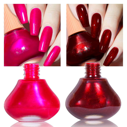 COSMOO Hot Pink with Wine Red 2pcs Nail Polish, 12ml Quick Dry Nail Lacquer, Super Lustrous Nail Enamel Polish, Shimmer Iridescent Ultrachrome Nail Art Varnish, 0.41 fl oz/pcs (Hot Pink + Wine Red)