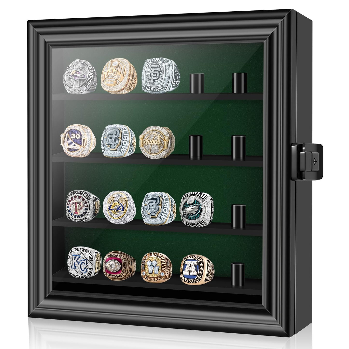 Championship Ring Display Case, 20 Ring Posts Baseball Ring Holder, Baseball Ring Display Case Lockable Wall Mount Wooden Shadow Box for Multiple Championship Rings