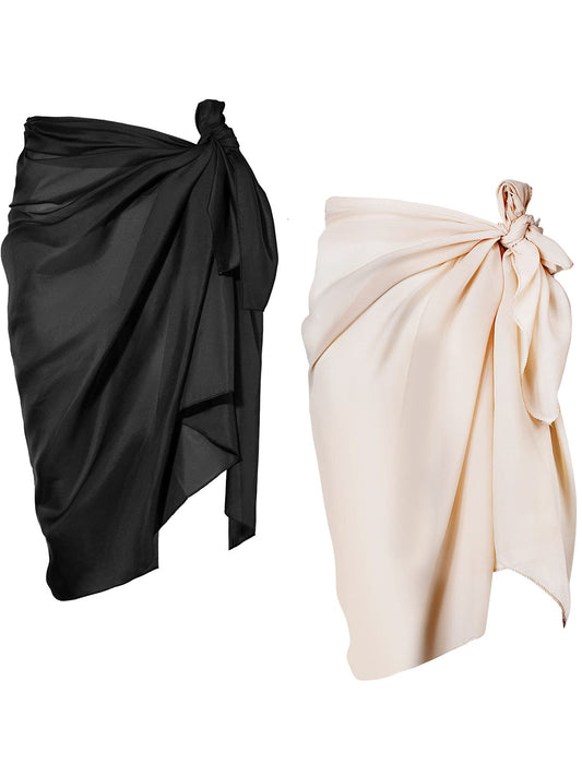 Chuangdi 2 Pack Women Sarong Swimsuit Coverups Chiffon Long Beach Sarong Wraps Bathing Suit Cover Up (Black and Nude Color)