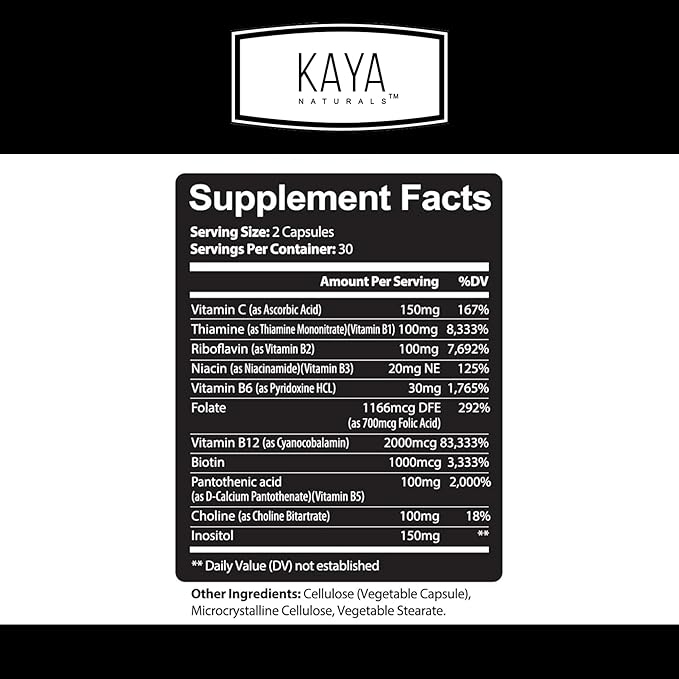Kaya Naturals B-12 Complex | Multivitamin Supplement for Women & Men | Energy and Metabolism Booster | Vitamin Supplement with Biotin, Choline, Inositol, Folate, and Vitamin C – 60 Count