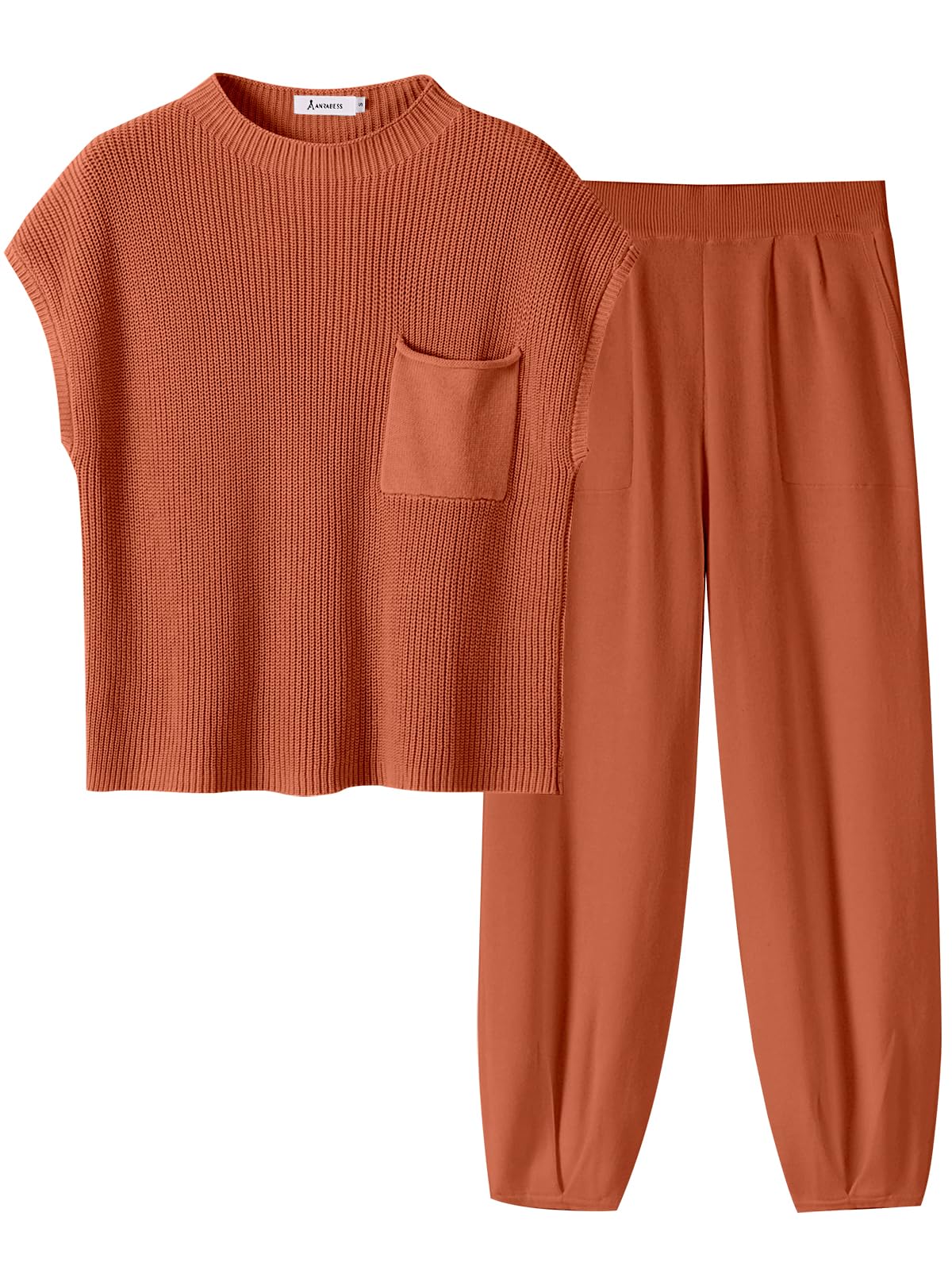 ANRABESS Women's Two Piece Outfits Knit Sweater Pullover Crop Top & Pants Lounge Matching Tracksuit Sweatsuit Sets 2024 Trendy Loungewear Clothes Rust Small