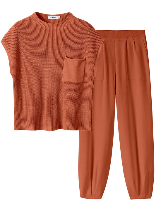 ANRABESS Women's Two Piece Outfits Knit Sweater Pullover Crop Top & Pants Lounge Matching Tracksuit Sweatsuit Sets 2024 Trendy Loungewear Clothes Rust Small