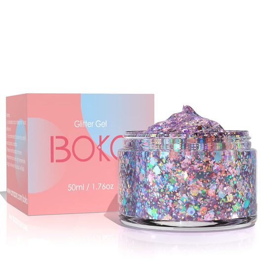 Boko 1.76oz Body Glitter Gel, Iridescent Purple Chunky Glitter Gel Mermaid Sequins for Face Hair Body Glitter Makeup, Face Glitter for Christmas Festival Party Concert Rave Accessories