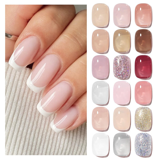 Born Pretty Jelly Gel Nail Polish Set Sheer Clear Nude Pink Color Crystal Transparent Translucent with Glossy Matte Top Coat Base Gel Nail Art DIY Manicure Salon Home 21PCS