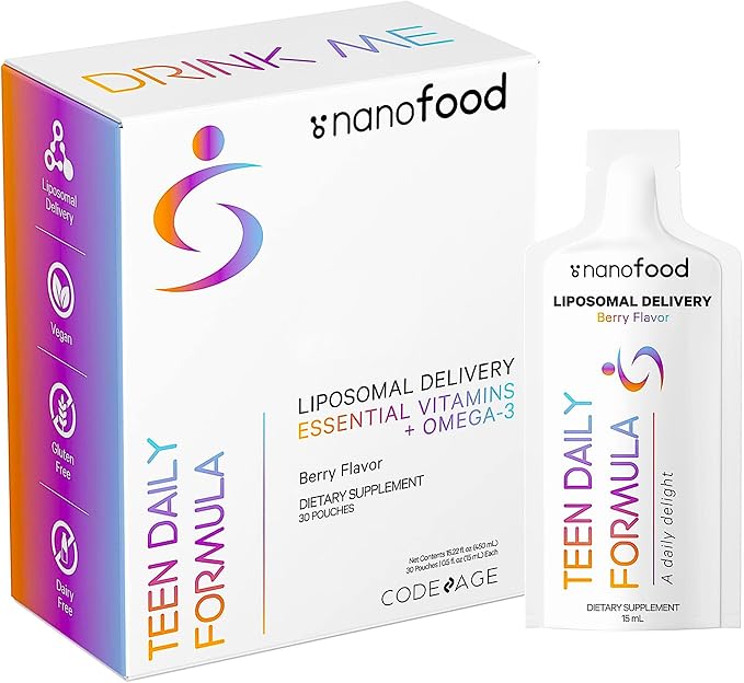 Codeage Multivitamins For Teens, Liquid Vitamin C for Teenagers, Vitamin A B6 B12 D3 E For Kids, Biotin Zinc Omega-3 Folate, Liposomal Vitamins Supplement, One Daily Sachet, Vegan, Non-GMO, 30 Pouches