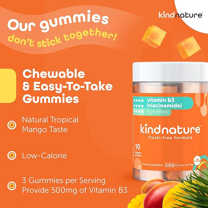 Kind Nature Vitamin B3 Niacin Gummies - Flush Free Niacinamide 500mg Supplement - Vegan, Non-GMO, Low-Calorie, Gluten-Free, Soy-Fee, 3rd Party Lab Tested - 1 Month Supply, 90 Chewable Gummies