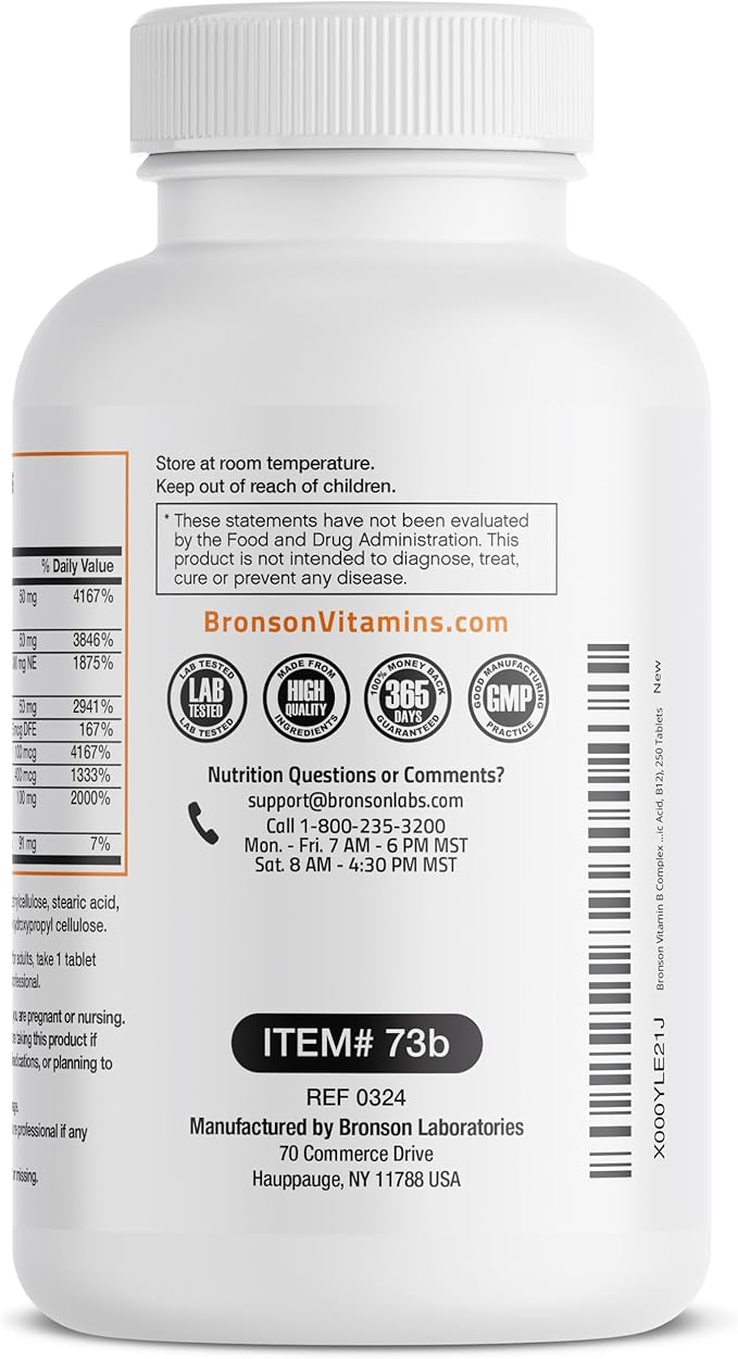 Bronson Super B Vitamin B Complex Sustained Slow Release (Vitamin B1, B2, B3, B6, B9 - Folic Acid, B12) Contains All B Vitamins 250 Tablets