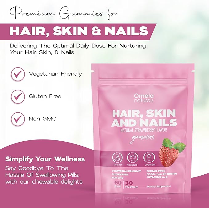 Hair, Skin and Nails Premium Gummies 60ct - Beauty Supplement with 5000mcg Biotin, Vitamins A, C, E, Zinc - Support Hair Growth, Healthy Skin & Strong Nails