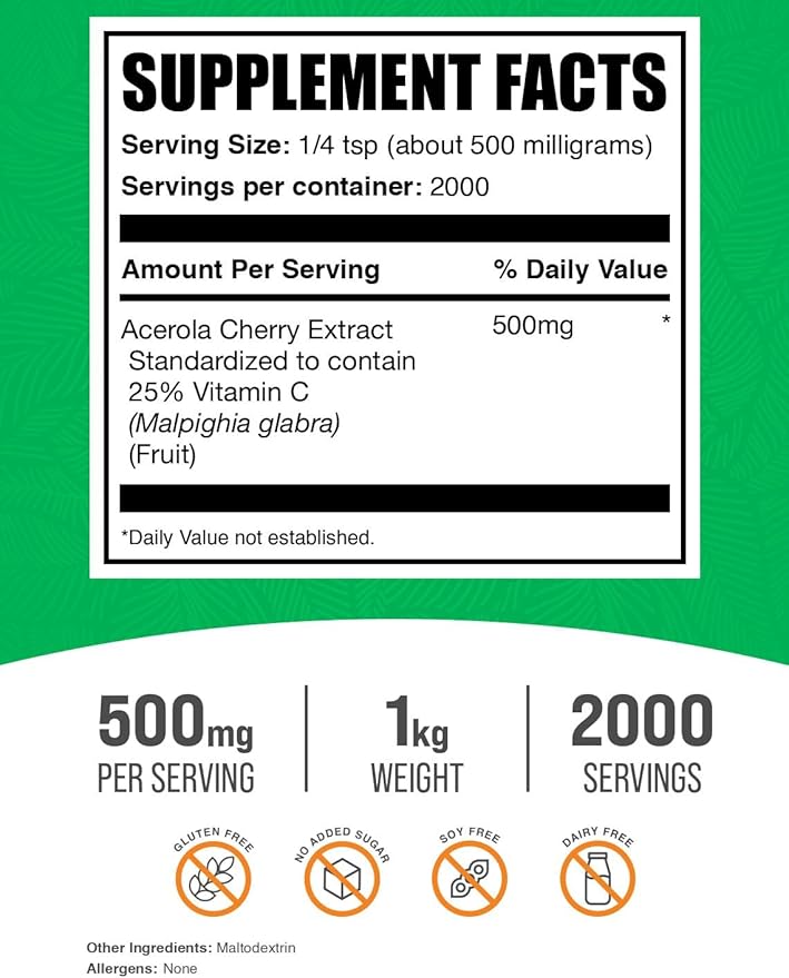 BulkSupplements.com Acerola Cherry Extract Powder - Natural Vitamin C Supplement, Acerola Cherry Powder - Vegan & Gluten Free, 500mg per Serving, 1kg (2.2 lbs) (Pack of 1)