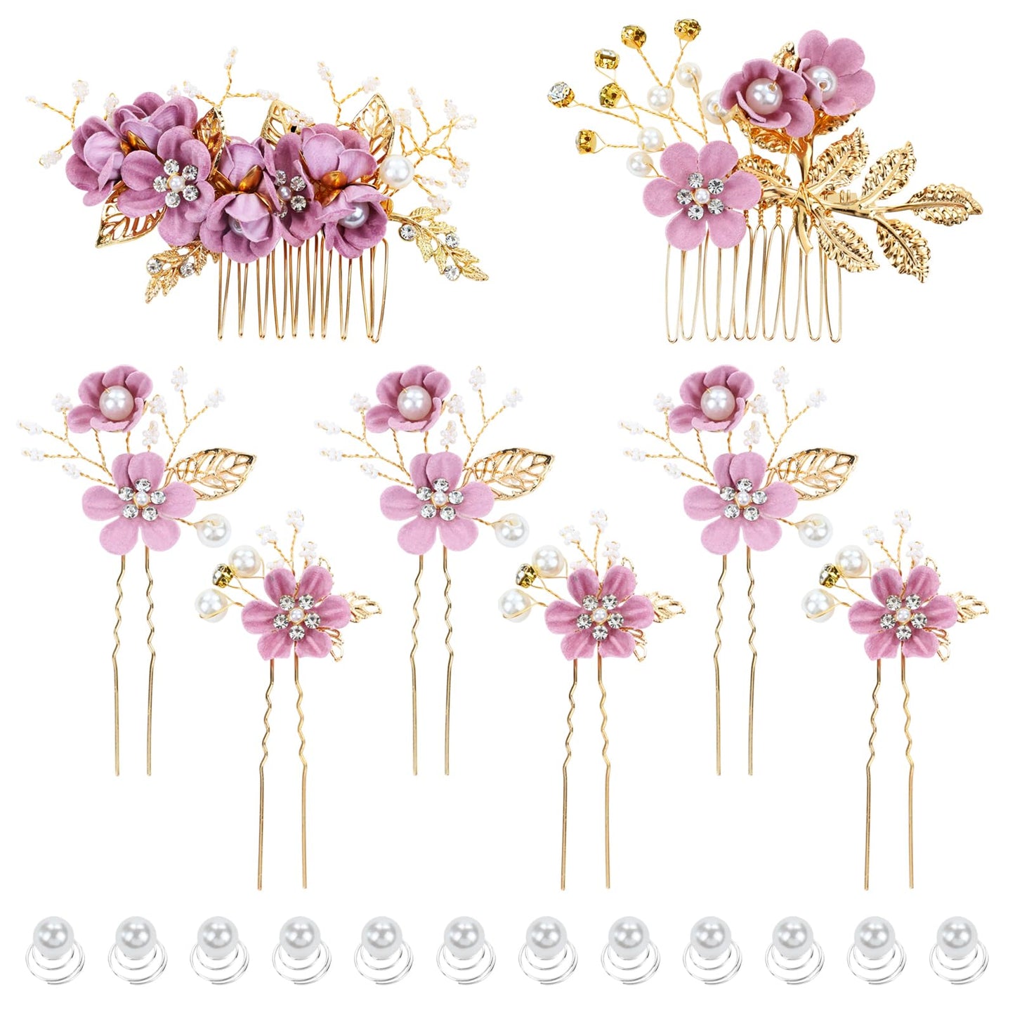 inSowni 20 Pack Classic White Dusty Pink Blue Flower Bridal Wedding Hair Side Combs+U-shaped Flower Hair Pins+Twist Spiral Pearl Hair Pins Pieces Headpieces Accessories for Brides Bridesmaids Women Girls (Purple)