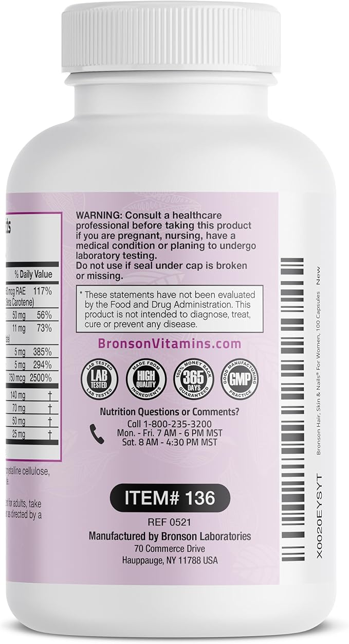 Bronson Hair, Skin & Nails with Biotin Extra Strength Vitamin Supplement for Women, 100 Capsules