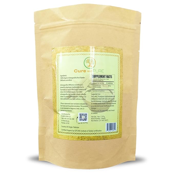 Cure wid Pure Certified Organic Ashwagandha Root Powder – 8oz/ 0.5Lb Non-GMO,Raw & Additives-Free Lab Tested Ashwagandha Powder Organic – Ayurvedic Adaptogenic Herbal Supplement in Eco-Friendly Bag