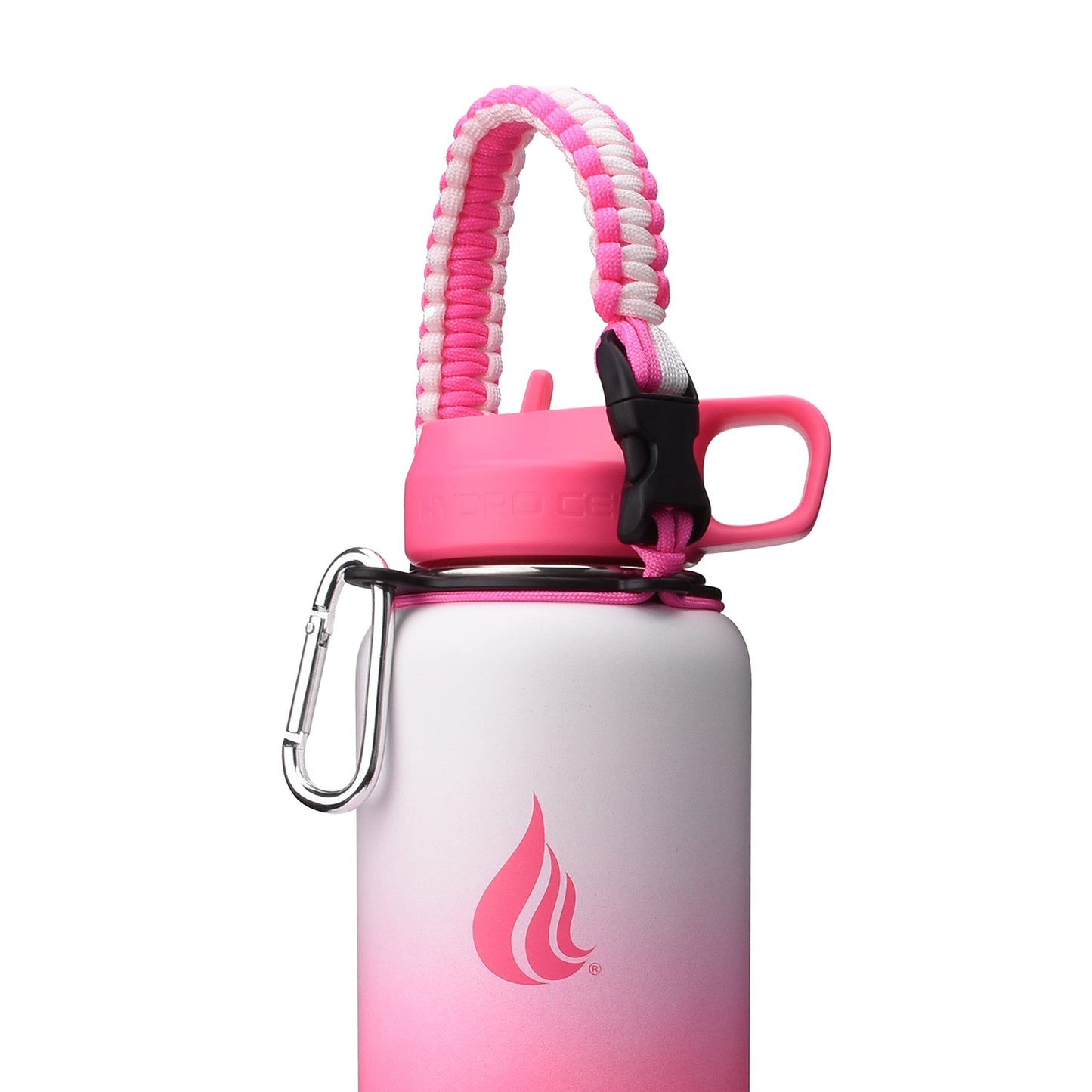 HYDRO CELL Paracord Handle for Wide Mouth Water Bottles - Carrier Strap w/Attachment Ring and Carabiner Accessory. Compatible w/ 64oz, 40oz 32oz, 24oz, 18oz, 14oz Insulated Bottles (White/Pink)