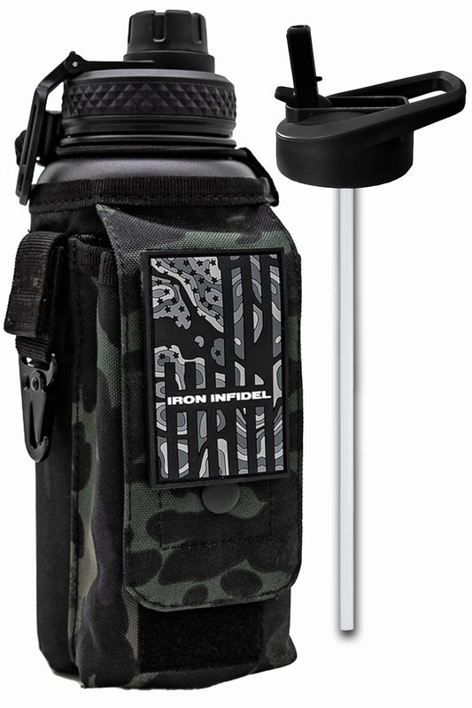 Iron Infidel Battle Bottle - 32 Oz Insulated Water Bottle with Straw Lid & Chug Cap, Stainless Steel Metal Tactical Flask With Rugged, Removable Sleeve for Keys & Phone or Wallet (Black Camo 1 Liter)