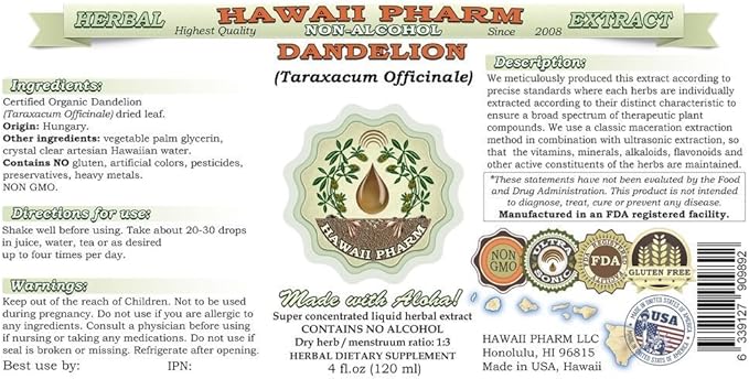 Dandelion Alcohol-Free Liquid Extract, Organic Dandelion (Taraxacum Officinale) Dried Leaf Glycerite Hawaii Pharm Natural Herbal Supplement 2x32 oz Unfiltered
