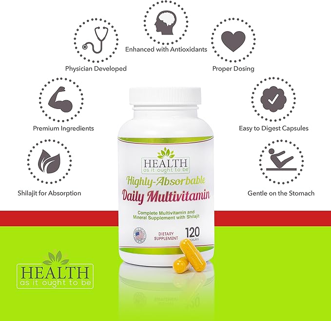 Health As It Ought To Be Highly|Absorbable Daily Multivitamin with Shilajit, MethylB12, Methylfolate, and Vitamin K2 MK7 Supplement | 120 Capsules