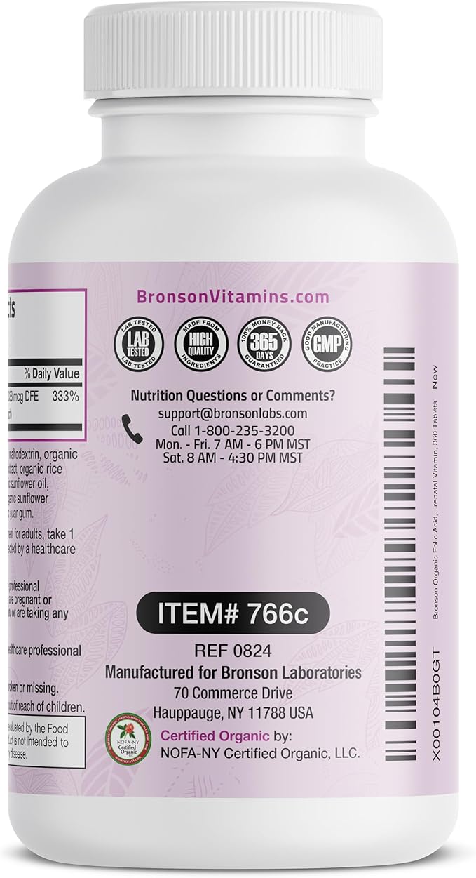 Bronson Organic Folic Acid (Vitamin B9 Folate) 800 mcg Natural Folate from Lemon Peel 360 Tablets