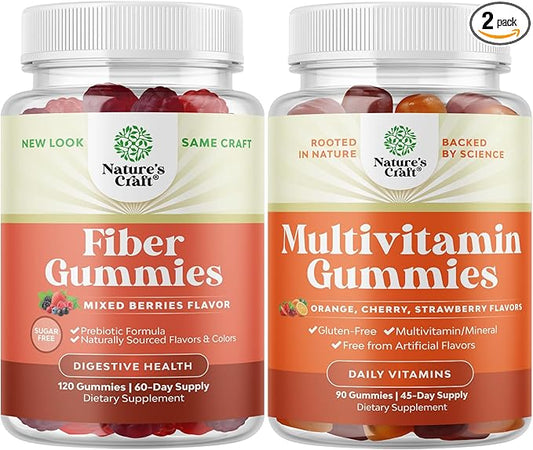 Bundle of Sugar Free Fiber Gummies for Adults - High Fiber Supplement Gummies Vitamins for Adults and Potent Daily Multivitamin Gummies for Adults Adult Vitamin Gummy for Energy and Immunity