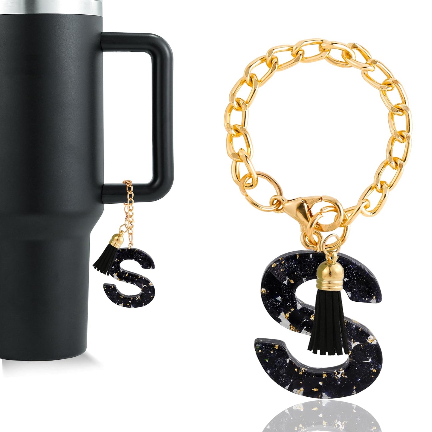 Letter Charm Accessories for Stanley Cup 1 PCS Cute Initial Keychain Handle Charm for Stanley Tumbler for Women Black Letter S