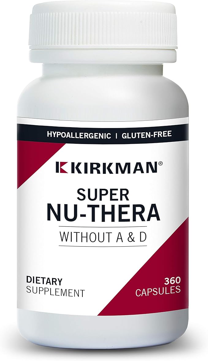 Kirkman Super Nu-Thera® w/o Vitamins A and D - Hypoallergenic || 360 Vegetarian Capsules || Multi Vitamin || Provides high Vitamin B-6 and Magnesium Content || Gluten and Casein Free