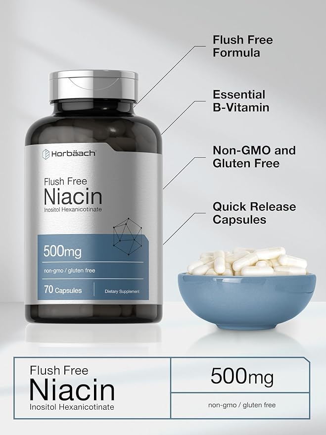 Horbaach Niacin 500mg | 70 Capsules | Flush Free Supplement | as Inositol Hexanicotinate | Non-GMO and Gluten Free