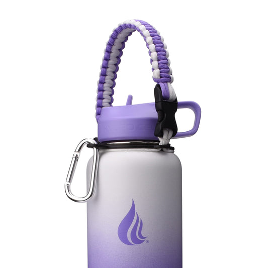 HYDRO CELL Paracord Handle for Wide Mouth Water Bottles - Carrier Strap w/Attachment Ring and Carabiner Accessory. Compatible w/ 64oz, 40oz 32oz, 24oz, 18oz, 14oz Insulated Bottles (Lavender/White)