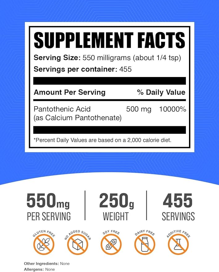 BulkSupplements.com Vitamin B5 Powder - as Calcium Pantothenate, B5 Vitamins - Gluten Free, 500mg of Vitamin B5 Pantothenic Acid per Serving, 250g (8.8 oz) (Pack of 1)