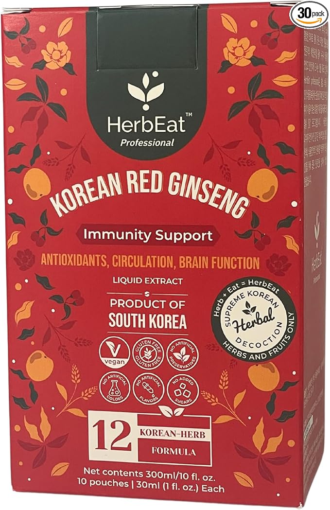 Korean Red Ginseng Prime Extract with 11mg Ginsenosides - Boost Energy, Memory & Immunity, 6-Year-Old Ginseng Drink for Circulation & Skin -30 Pouches (30mL *30)